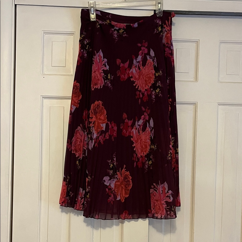 Garnet Hill Burgundy and Pink Floral A-Line Skirt